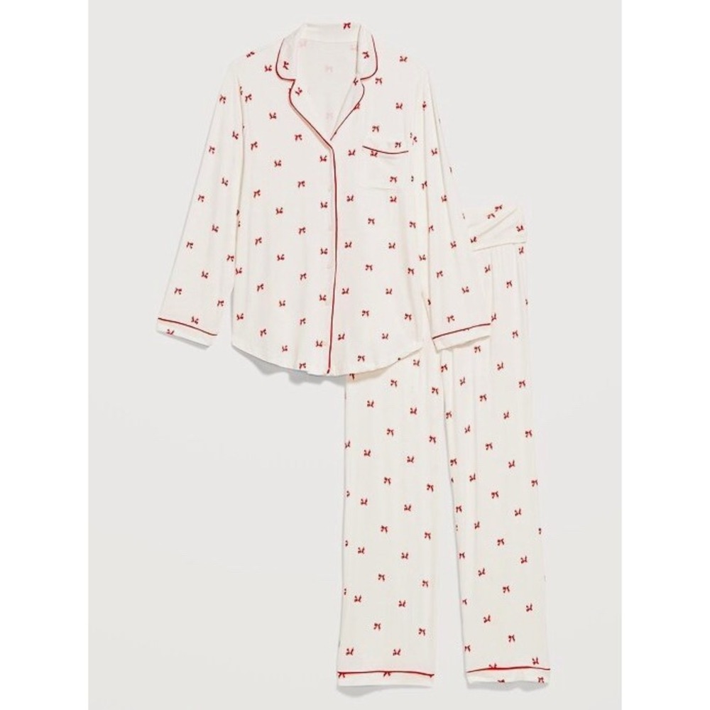 NWT Old Navy Women's Plus Red Bow Print Pajama Set Button-Up Collared Soft Sz 3X